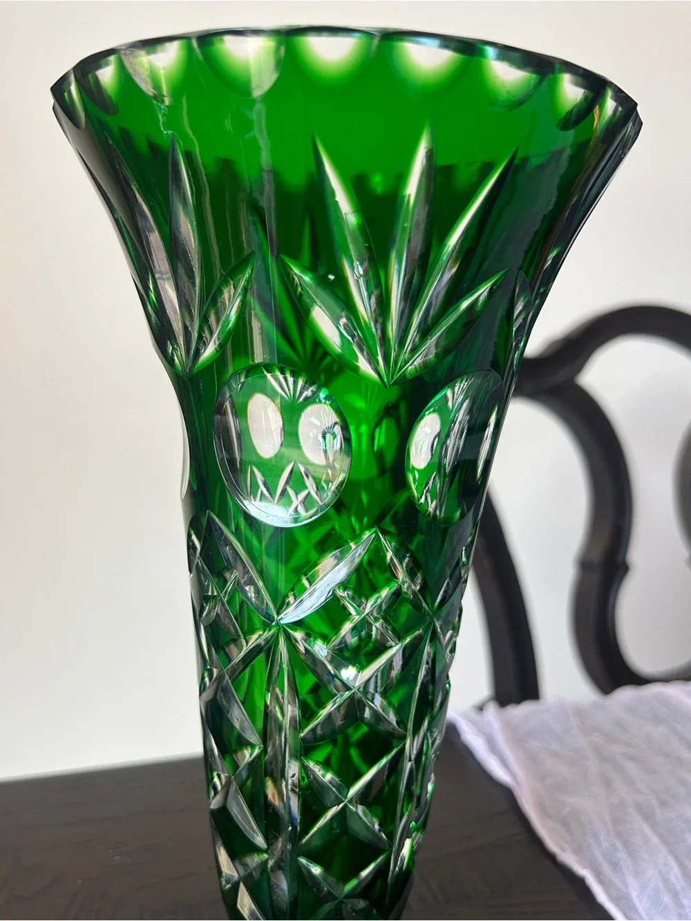 Vintage Imperial Hand Cut Emerald Glow Glass Vase German 1950s 10.5”